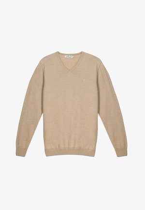 Pull beige à col en V et manches longues avec poignets et ourlet côtelés, en tissu tricoté léger, petit logo brodé sur le côté gauche de la poitrine.