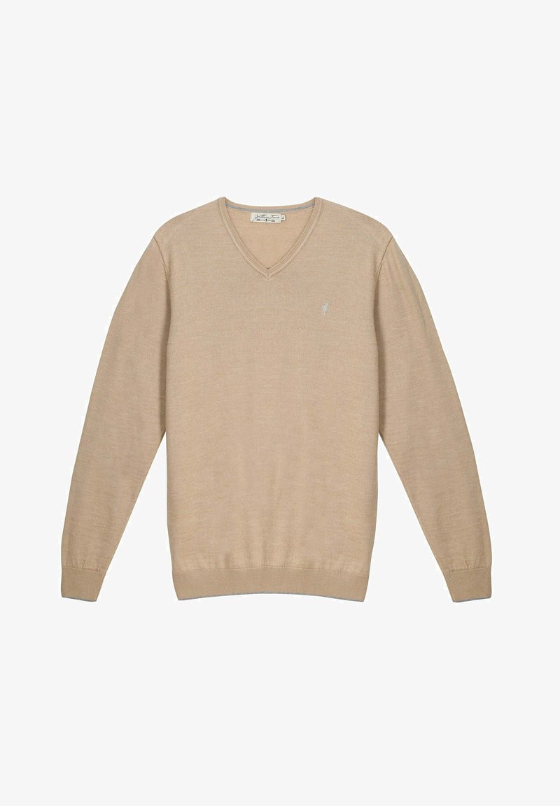 Pull beige à col en V et manches longues avec poignets et ourlet côtelés, en tissu tricoté léger, petit logo brodé sur le côté gauche de la poitrine.