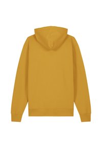 Sweatshirt à capuche jaune avec une coupe droite, des manches longues et des poignets côtelés. Texture de tissu lisse, sans logos ni motifs visibles.