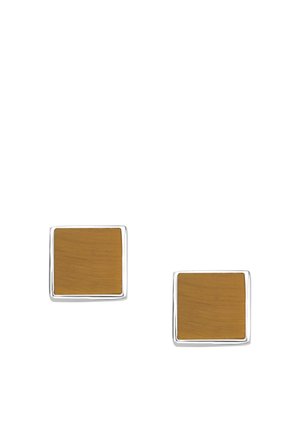 Two square stud earrings with light brown wooden centers and thin silver borders, displayed on a plain white background.
