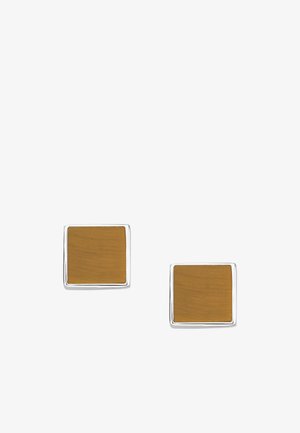 Zwei quadratische Ohrstecker mit hellbraunen Holzkernen und dünnem silbernen Rand, präsentiert auf schlichtem weißen Hintergrund.
