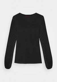Černý dlouhý rukáv top s hladkým tělem a texturovanou, vzorovanou průsvitnou tkaninou na rukávech. Kulatý výstřih a přiléhavý střih.