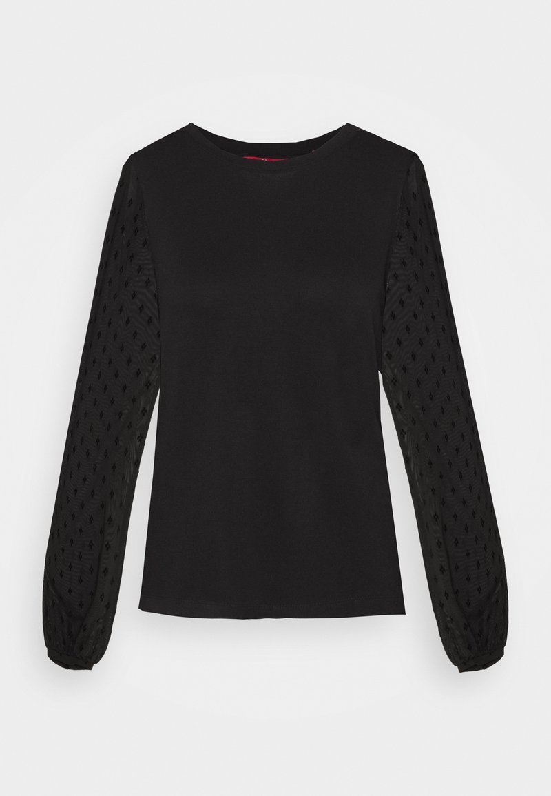 Černý dlouhý rukáv top s hladkým tělem a texturovanou, vzorovanou průsvitnou tkaninou na rukávech. Kulatý výstřih a přiléhavý střih.