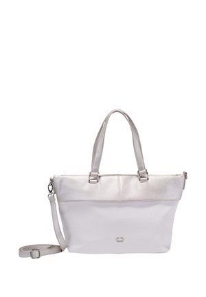 Borsa tote bianca con dettagli argentati, caratterizzata da un materiale testurizzato nella metà superiore, manici piatti e una tracolla removibile.