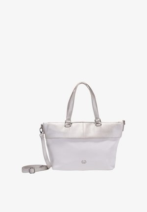 Borsa tote bianca con dettagli argentati, caratterizzata da un materiale testurizzato nella metà superiore, manici piatti e una tracolla removibile.