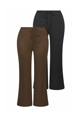 Bruine en zwarte gebreide wijde broek met elastische taillebanden en trekkoorden, naast elkaar getoond op een witte achtergrond.