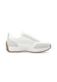 Weiße Sneaker mit Wildleder- und Textil-Details. Verfügt über eine runde Zehenpartie, eine Schnürung an der Vorderseite und eine strukturierte Gummisohle mit Zickzack-Muster.