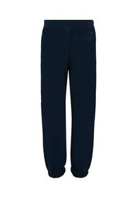 Marineblauwe joggingbroek van zachte stof, met een elastische tailleband en cuffs, voorzien van een enkele achterzak voor praktische doeleinden.