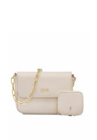 Beżowa torebka typu crossbody z sztucznej skóry, z złotą łańcuszkową rączką, magnetycznym zapięciem oraz małym pasującym portfelem z logo.