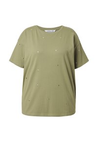 Oliwkowa koszulka z krótkim rękawem wykonana z miękkiego materiału, zdobiona rozsypanymi metalicznymi gwiazdkami, z okrągłym dekoltem i luźnym krojem.