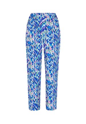 Spodnie w wzory z żywym niebieskim, zielonym i różowym abstrakcyjnym wzorem, z elastycznym pasem i prostym krojem nogawek.