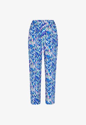 Spodnie w wzory z żywym niebieskim, zielonym i różowym abstrakcyjnym wzorem, z elastycznym pasem i prostym krojem nogawek.