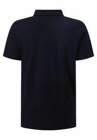 Marineblauw poloshirt met korte mouwen gezien vanaf de achterkant, met een klassieke kraag en zachte stof, geschikt voor casual kleding.