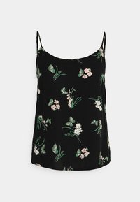 Top in camicia nero con spalline sottili, caratterizzato da una stampa floreale di farfalle verdi e fiori rosa, realizzato in un tessuto leggero.