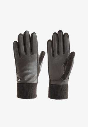 Braune Lederhandschuhe mit einem gestrickten Bündchen, die ein elegantes Design, strukturierte Akzente und ein gestepptes Muster auf der Rückseite zeigen.