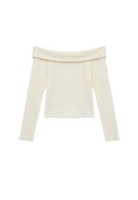 Off-the-shoulder, pitkähihainen paita, jossa on tekstuurinen kerma-väri kangas, aaltoileva kuvio ja röyhelöhelmassa sekä hihojen päässä.