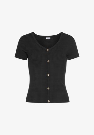 Black ribbed short-sleeve top with V-neck and five center-front buttons, fitted waist, and a clothing label inside the neckline.