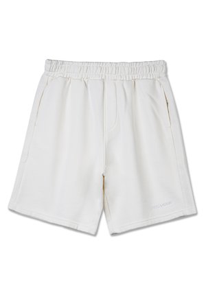 Pantalones cortos de algodón blancos con cintura elástica, dos bolsillos laterales y un logo sutil en el dobladillo. Corte clásico con una textura suave.