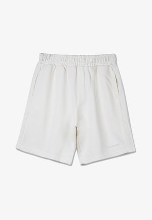 Białe bawełniane szorty z elastycznym pasem, dwiema bocznymi kieszeniami i subtelnym logo na dolnym brzegu. Klasyczny krój z gładką fakturą.