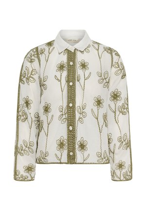 White long-sleeve blouse with olive green floral embroidery, button-down front, and a classic collar.