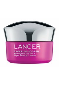 Rosa Glasbehälter mit schwarzem Deckel, beschriftet mit "Lancer Caviar Lime Acid Peel." Enthält 10% Glycolsäure, 10% Phytinsäure und Retinol.