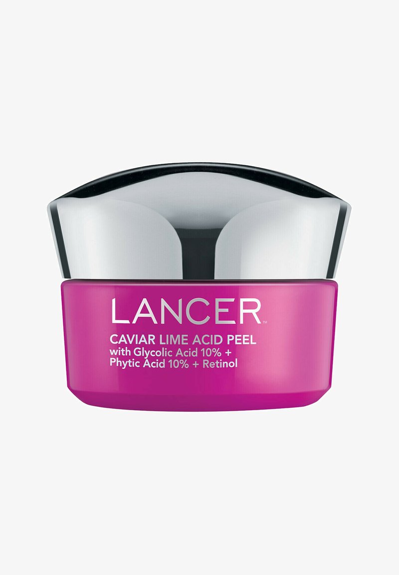 Pink jar with a black lid, labeled "Lancer Caviar Lime Acid Peel." Contains Glycolic Acid 10%, Phytic Acid 10%, and Retinol.