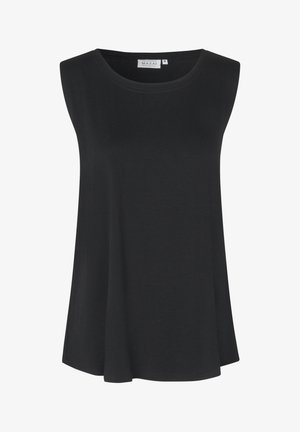 Zwarte mouwloze top van zachte stof, met een ronde halslijn en een A-lijn vorm, met een zachte textuur en zonder zichtbare patronen.