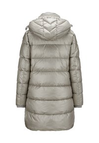 Helle graue Steppjacke mit Kapuze, die über eine gesteppten Textur, vertikale Nähte und gerippte Bündchen verfügt. Die Rückansicht zeigt ein mittellanges Design.