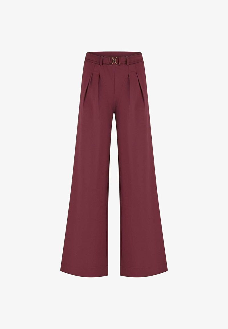 Bordeaux brede broek met een vrijetijds tailleband, geplooid ontwerp aan de voorkant, een zachte textuur en een relaxte pasvorm. Geschikt voor verschillende gelegenheden.