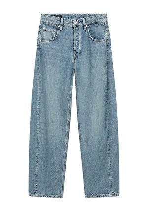 Jeans in denim azzurro chiaro con design a gamba larga, dotati di tasche frontali, chiusura con bottone e leggere sfumature per un effetto texture.