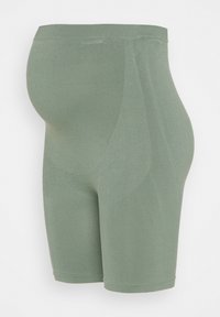 Zwangerschapsshorts gemaakt van zachte, rekbare stof in een gedempte groene kleur. Kenmerkt zich door een hoge tailleband en een gladde textuur.