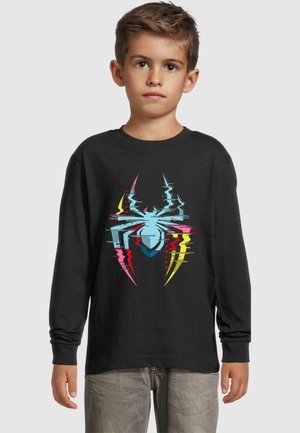 Schwarzes Langarm-T-Shirt mit einem bunten Spinnenmotiv in Blau, Pink und Gelb. Der Stoff wirkt weich und hat eine lockere Passform.