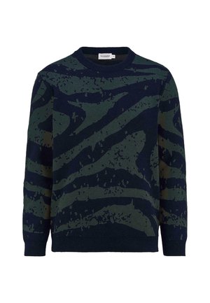 Maglione lavorato a maglia in blu navy scuro con motivo a strisce di zebra verdi. Collo rotondo, maniche lunghe, tessuto testurizzato e polsi e orlo a costine.