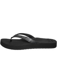 Zwarte flip-flops met getextureerde zilveren banden en een gevoerde zwarte zool, met een teenstukontwerp en een matte afwerking.