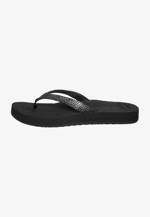 Zwarte flip-flops met getextureerde zilveren banden en een gevoerde zwarte zool, met een teenstukontwerp en een matte afwerking.