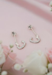 Silvriga örhängen med en böjd design, prydda med klara kristaller längs den främre kanten, mot en rosa tygbakgrund.