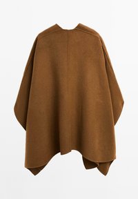 Brun ylleponcho med en lös, draperad design. Har en rundad halsringning och fållade kanter, med en slät textur och inga synliga knäppningar.