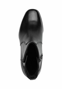 Schwarze Leder-Stiefelette mit spitzer Zehenpartie, seitlichem Reißverschluss und glatter Textur. Verfügt über ein minimalistisches Design und gestickte Akzente.