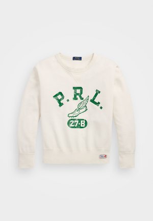 Krēmkrāsas džemperis ar zaļu grafiku, kas ietver "P.R.L." un apavu dizainu, ribinātas piedurknes un apakšdaļu, kā arī mazu logo uzšuvumu apakšā.