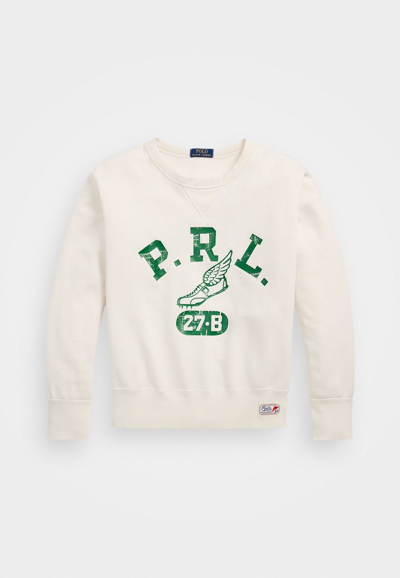 Krémová mikina s zelenou grafikou, která obsahuje nápis "P.R.L." a design boty, žebrované manžety a lem, a malou nášivku s logem na spodní části.