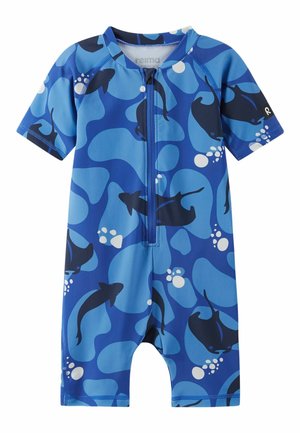 Niebieski strój kąpielowy dla malucha z krótkim rękawem i zamkiem z przodu, z wzorem ciemnoniebieskich morskich stworzeń i białych bąbelków.