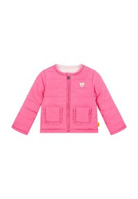 Rosa gepolsterte Jacke mit langen Ärmeln, Reißverschluss, zwei vorderen Taschen mit rüschengesäumten Kanten und einem Bärenkopf-Patch auf der Brust.