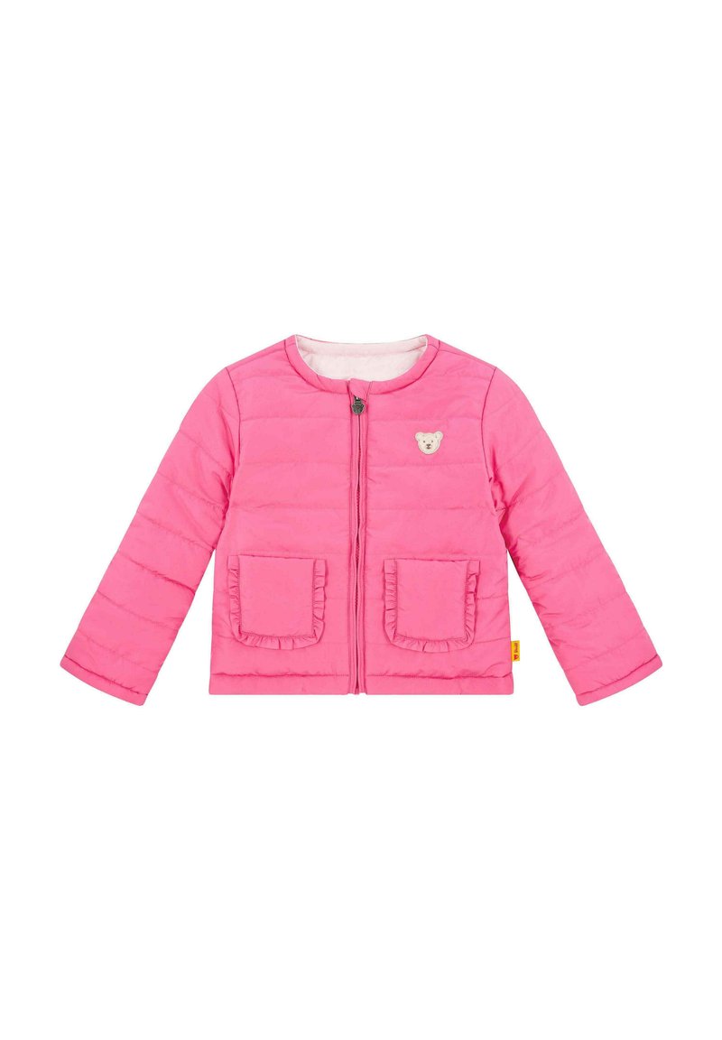 Rosa gepolsterte Jacke mit langen Ärmeln, Reißverschluss, zwei vorderen Taschen mit rüschengesäumten Kanten und einem Bärenkopf-Patch auf der Brust.