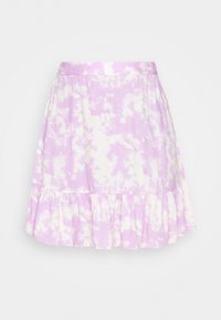 Saia roxa em tie-dye com barra de babados. Feita de tecido suave, apresenta um design evasé e uma cintura elástica para conforto.