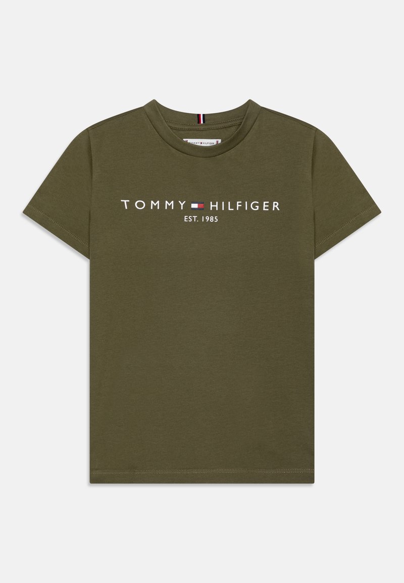 Olivově zelené bavlněné tričko s krátkým rukávem, na přední straně s bílým potiskem textu a loga "TOMMY HILFIGER". Design s kulatým výstřihem.