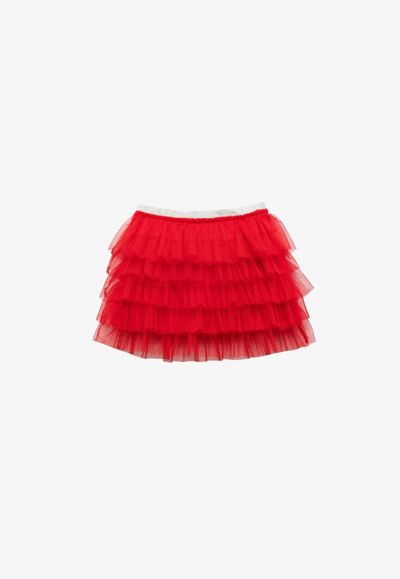 Rød tylskørt med flere lag af flæser og et sølvfarvet elastikliv. Let og luftig tekstur, velegnet til festlige lejligheder.