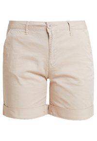 Shorts beiges en coton doux, avec une fermeture à bouton, deux poches latérales et des ourlets retroussés pour un look décontracté.