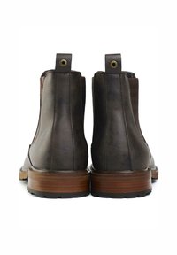 Brown leather ankle boots with elastic side panels and a textured surface, featuring a pull tab and wooden heel with a black sole.