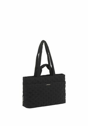 Sac fourre-tout rectangulaire matelassé noir avec deux longues anses et une petite anse centrale, arborant un logo de marque subtil sur le devant.