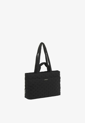 Sac fourre-tout rectangulaire matelassé noir avec deux longues anses et une petite anse centrale, arborant un logo de marque subtil sur le devant.